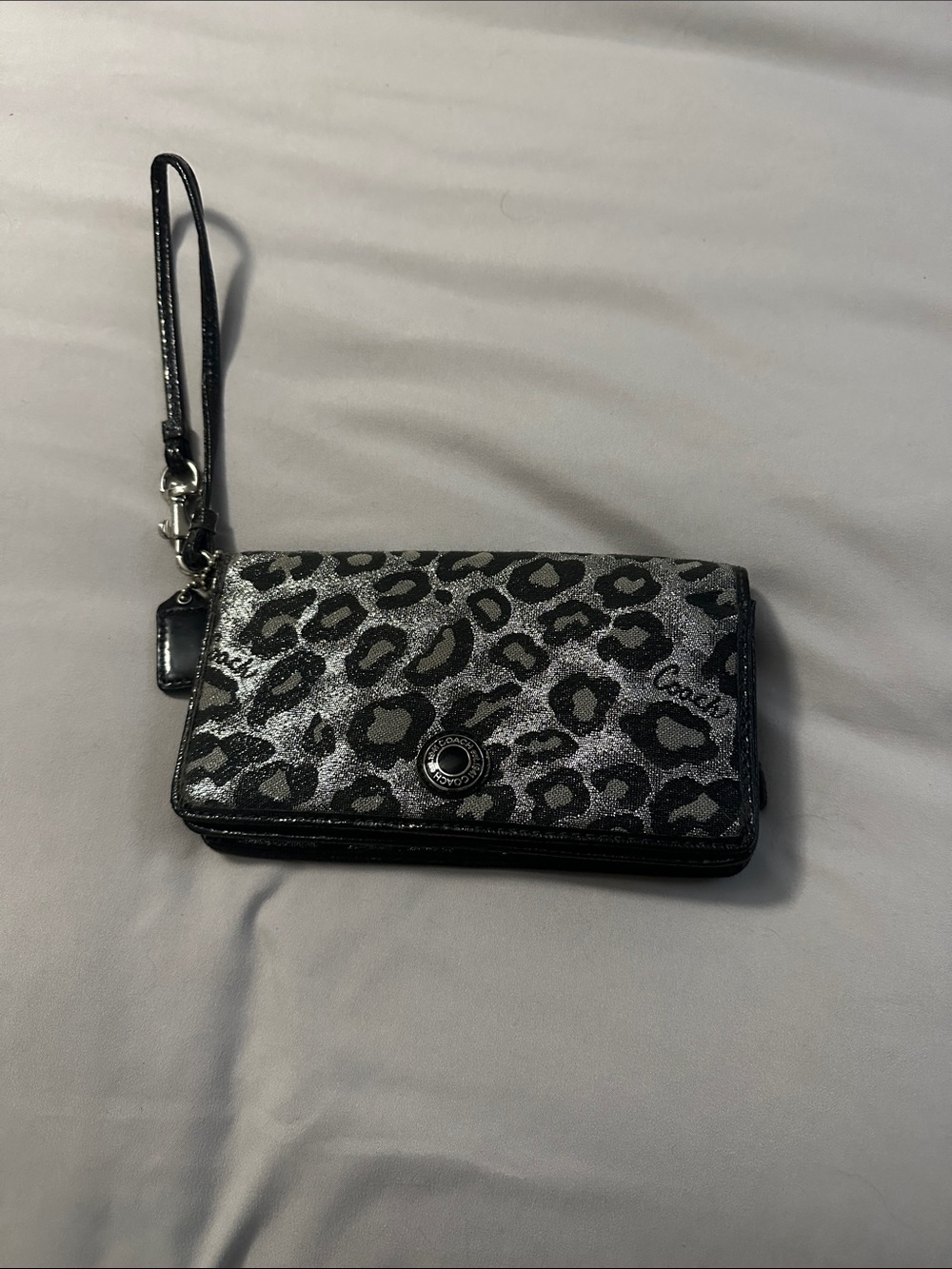 Coach Silver and Black Leopard Print Wristlet Wallet